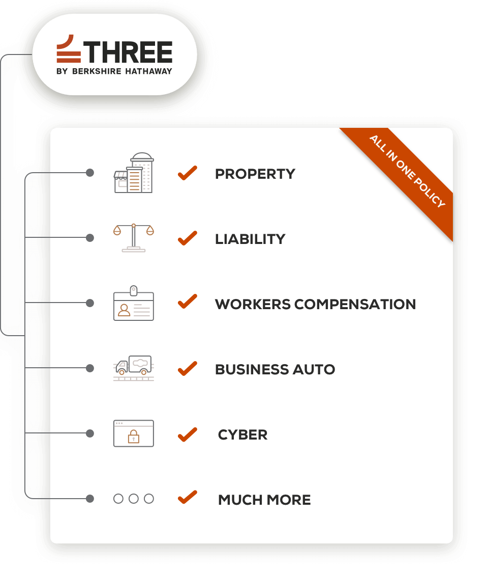 THREE covers property, liability, workers compensation, business auto, cyber, and more all in one policy